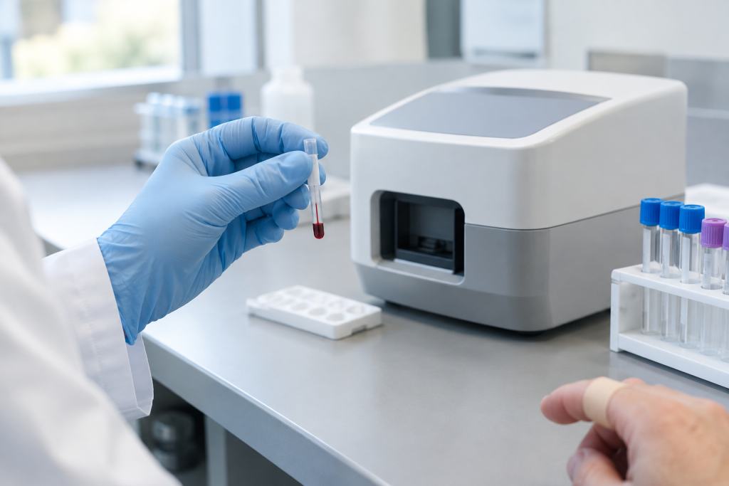 Illustration of a single blood droplet beside the silhouette of a small tabletop lab device