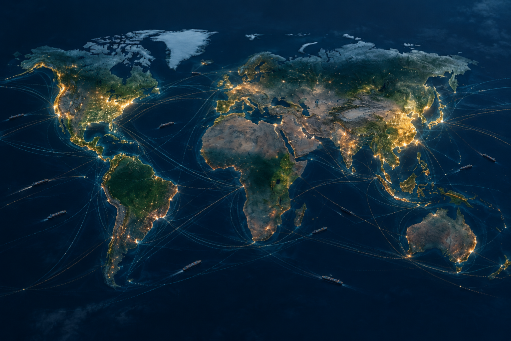 A world map with glowing shipping lanes where some regions are brightly lit and others are dim