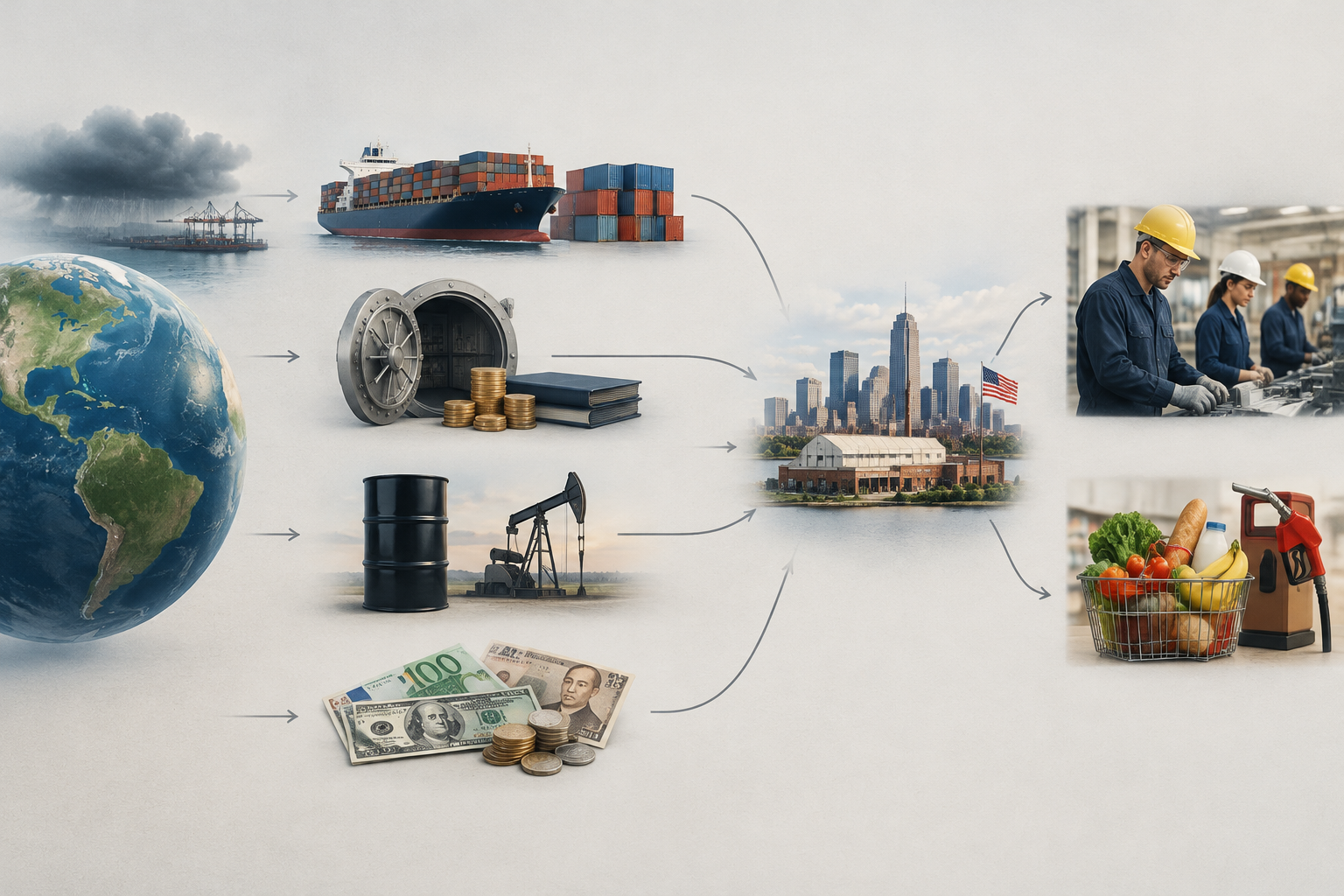 Flow diagram with four arrows labeled trade, credit, oil prices and currency pointing from a foreign shock to U.S. jobs and prices