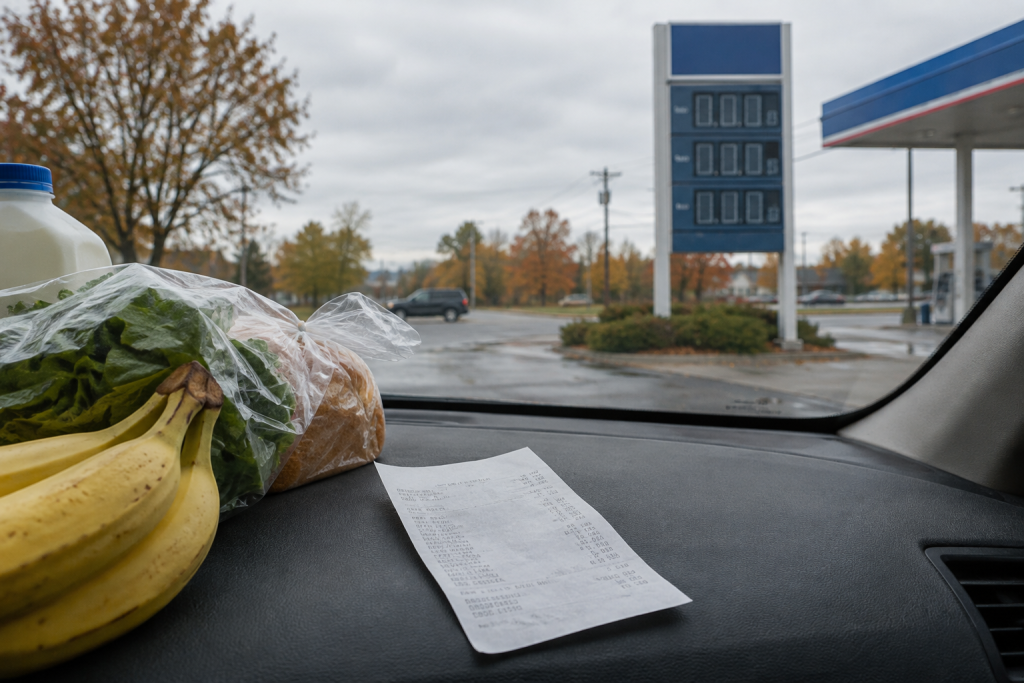 A gas station price sign beside a crumpled grocery receipt on a car dashboard
