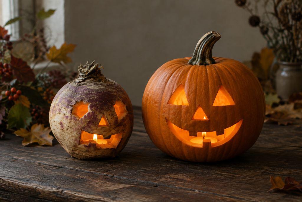 A rough carved turnip lantern beside a pumpkin jack-o'-lantern on a table