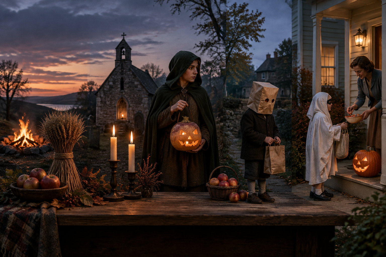 Timeline showing Halloween's origins from Samhain to the 1950s American holiday